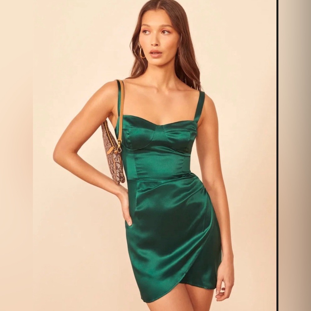 Reformation Emerald Satin Mini Fonda Dress